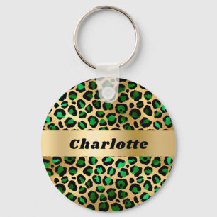 Emerald green gold leopard cheetah pattern name key ring