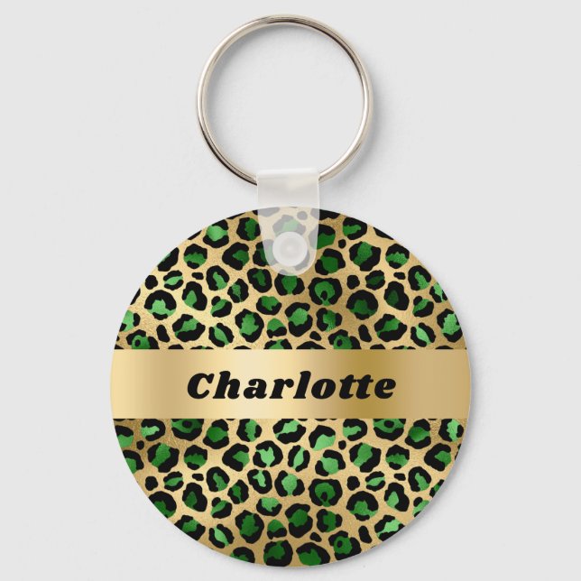 Emerald green gold leopard cheetah pattern name key ring (Front)