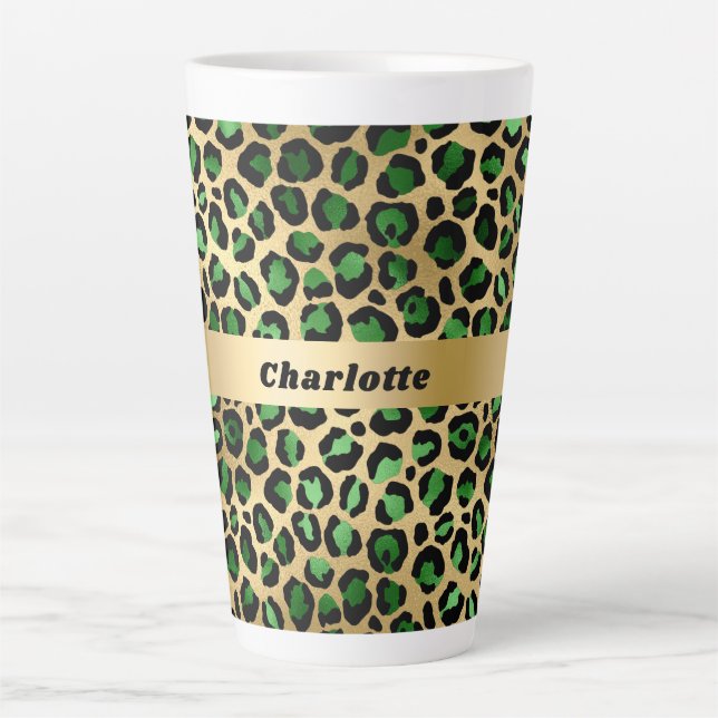 Emerald green gold leopard cheetah pattern name  latte mug (Front)