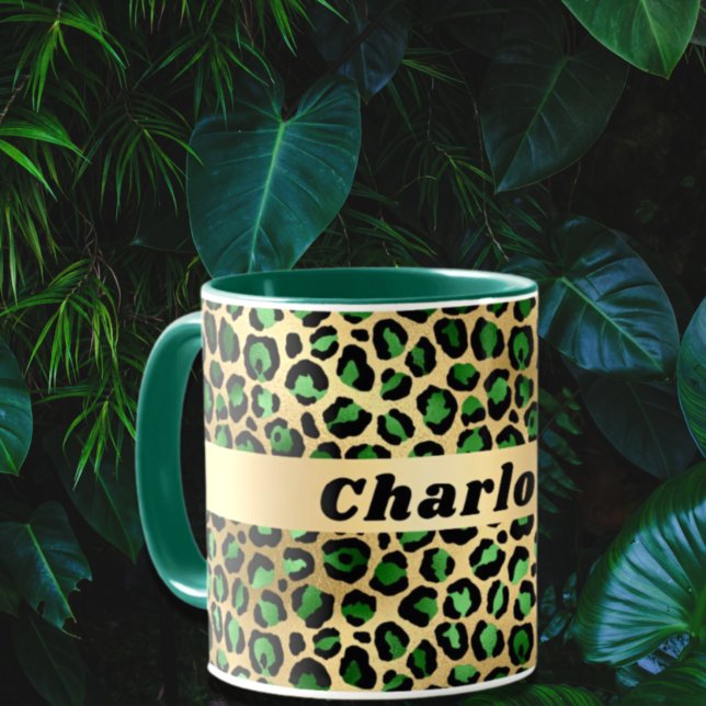 Emerald green gold leopard cheetah pattern name mug (Creator Uploaded)