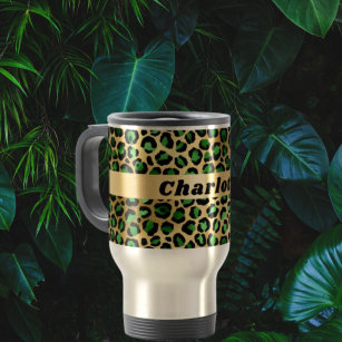 Emerald green gold leopard cheetah pattern name travel mug