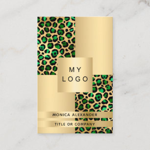 Emerald green gold leopard logo QR code Business Card