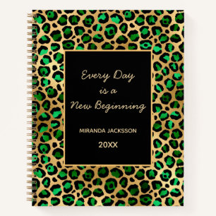 Emerald green gold leopard motivational name notebook