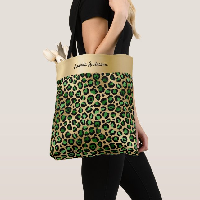 Emerald green gold leopard pattern name  tote bag (Close Up)