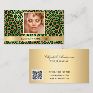 Emerald green gold leopard photo QR code Business Card