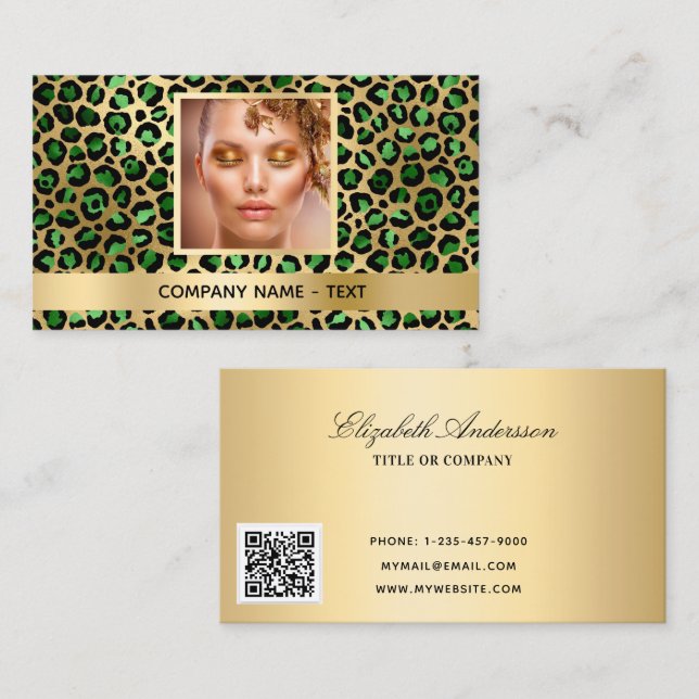 Emerald green gold leopard photo QR code Business Card (Front/Back)