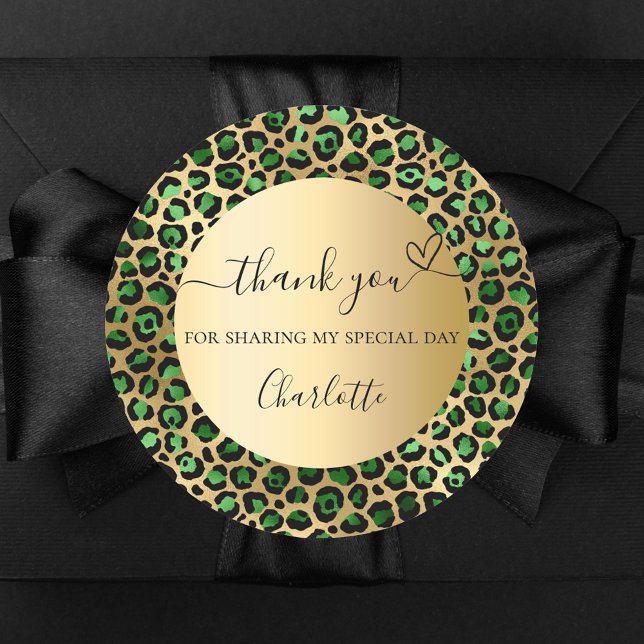 Emerald green gold leopard thank you classic round sticker (Creator Uploaded)
