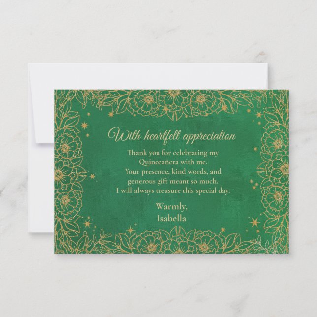 Emerald Green Gold Line Art Floral Quinceañera  Thank You Card (Front)