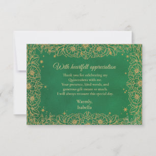 Emerald Green Gold Line Art Floral Quinceañera  Thank You Card