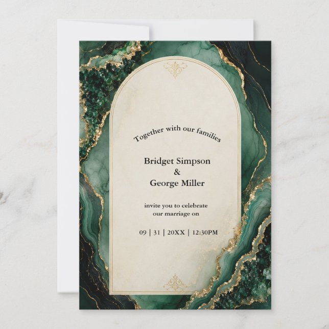 Emerald green Gold Luxe marble Wedding Invitation (Front)