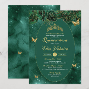 Emerald Green Gold Luxury Butterfly Quinceanera Invitation
