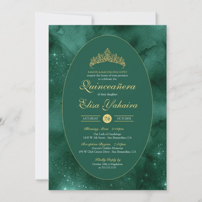 Emerald Green Gold Luxury Elegant Quinceanera Invitation (Front)