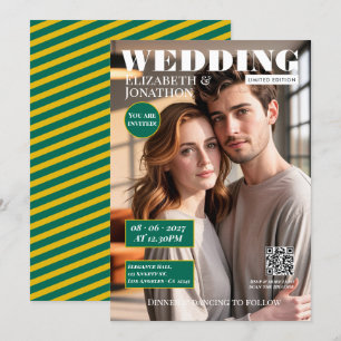 Emerald Green & Gold Magazine Wedding Photo Invitation