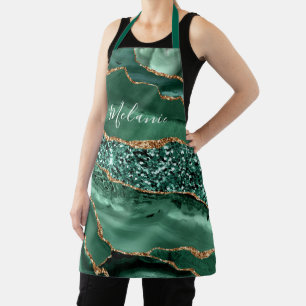 Emerald Green Gold Marble Custom Name Apron Gift