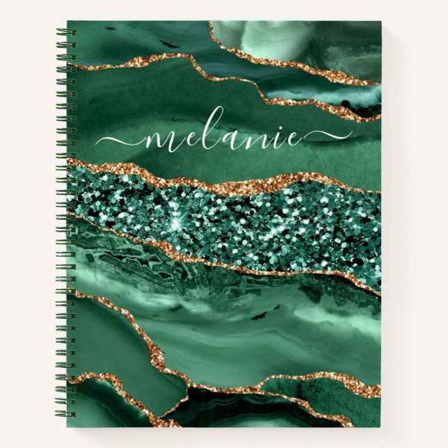 Emerald Green Gold Marble Custom Name Notebook (Front)