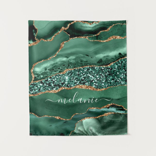 Emerald Green Gold Marble Custom Name Tapestry (Front)