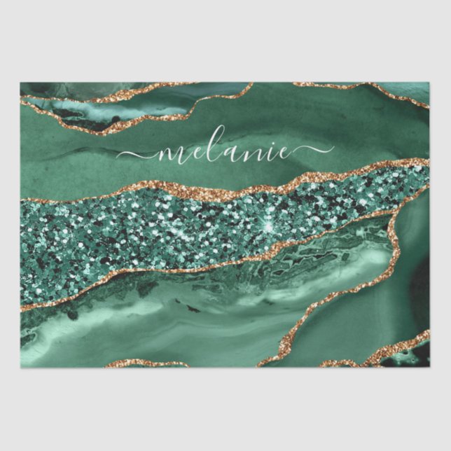 Emerald Green Gold Marble Custom Name Tissue Paper (Front)