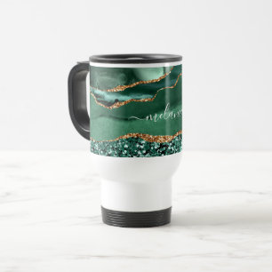 Emerald Green Gold Marble Custom Name Travel Mug