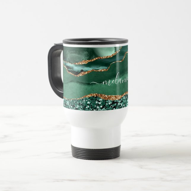 Emerald Green Gold Marble Custom Name Travel Mug (Front Left)