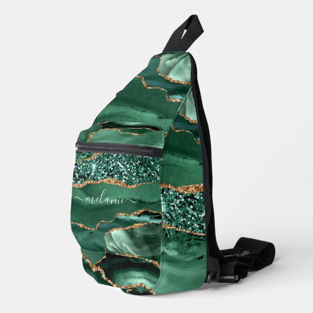 Emerald Green Gold Marble Custom Your Name Sling Bag (Right Corner)