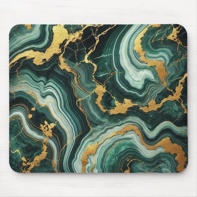 Emerald Green & Gold Marble Look Glam  Mouse Mat (Front)