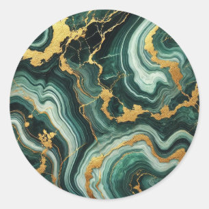 Emerald Green & Gold Marble Look Glam Wedding Classic Round Sticker