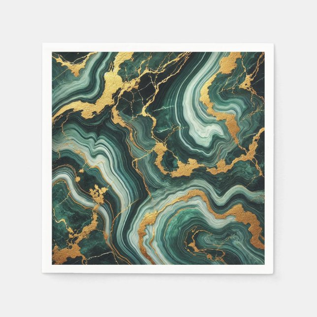 Emerald Green & Gold Marble Look Glam Wedding  Napkin (Front)