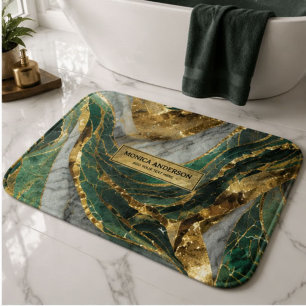 Emerald Green Gold Marble Metallic Luxury Geode Bath Mat