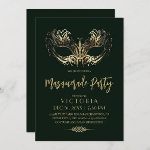 Emerald Green Gold Masquerade Party Birthday Invitation