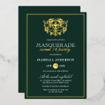 Emerald Green & Gold Masquerade Sweet 16 Party<br><div class="desc">Emerald Green & Gold Masquerade Sweet 16 Party Foil Invitations. Featuring a gold foil mask at the top against an emerald green background. Perfect for a modern yet classy sweet 16 birthday party!</div>