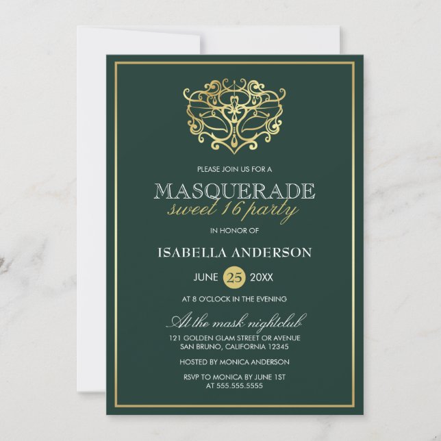 Emerald Green & Gold Masquerade Sweet 16 Party Invitation (Front)