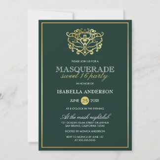 Emerald Green & Gold Masquerade Sweet 16 Party Invitation