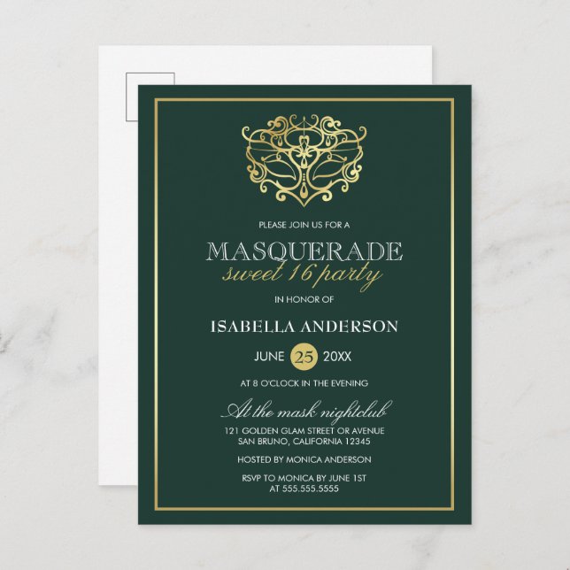 Emerald Green & Gold Masquerade Sweet 16 Party Invitation Postcard (Front/Back)