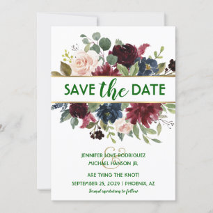 Emerald Green Gold Merlot Navy Boho Save the Date  Invitation