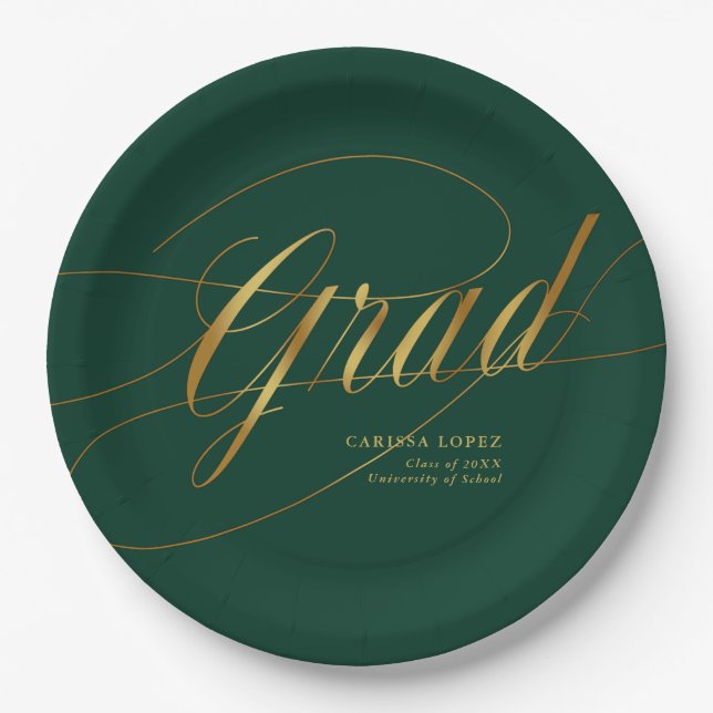Emerald Green & Gold Minimalist Grad Calligraphy Paper Plate (Front)