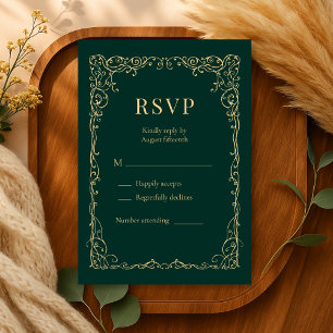 Emerald Green Gold Minimalist Wedding RSVP Card