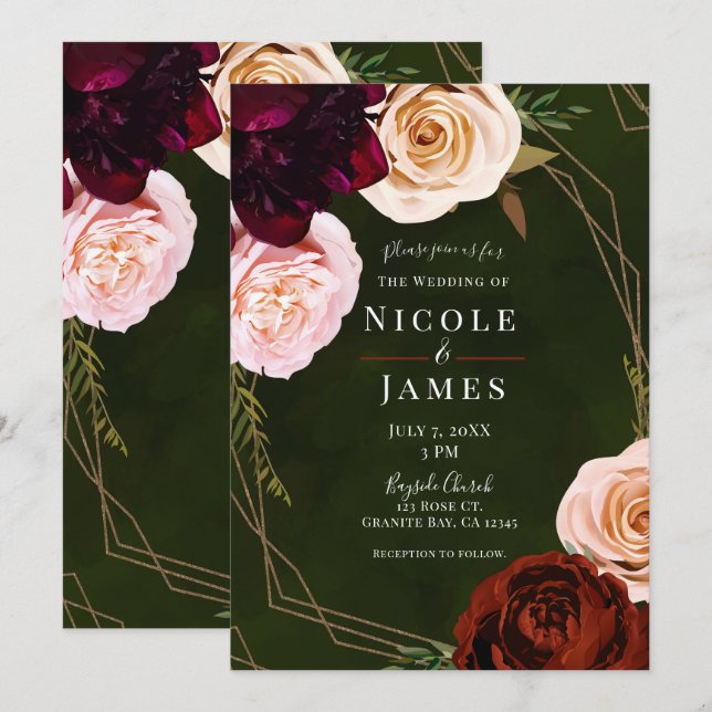 Emerald Green & Gold Modern Dark Floral Wedding Invitation (Front/Back)