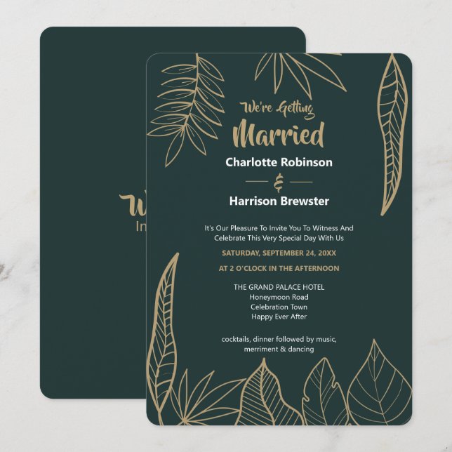Emerald Green Gold Modern Drawn Leaves Wedding Invitation (Front/Back)
