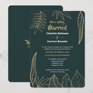 Emerald Green Gold Modern Drawn Leaves Wedding Invitation