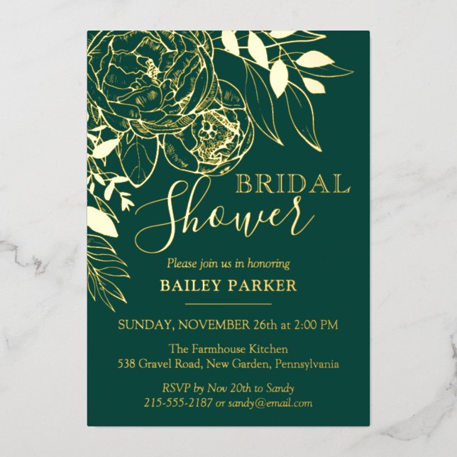 Emerald Green & Gold Modern Floral Bridal Shower (Front)