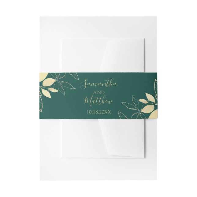 Emerald Green & Gold Modern Foliage Wedding Invitation Belly Band (Front Example)