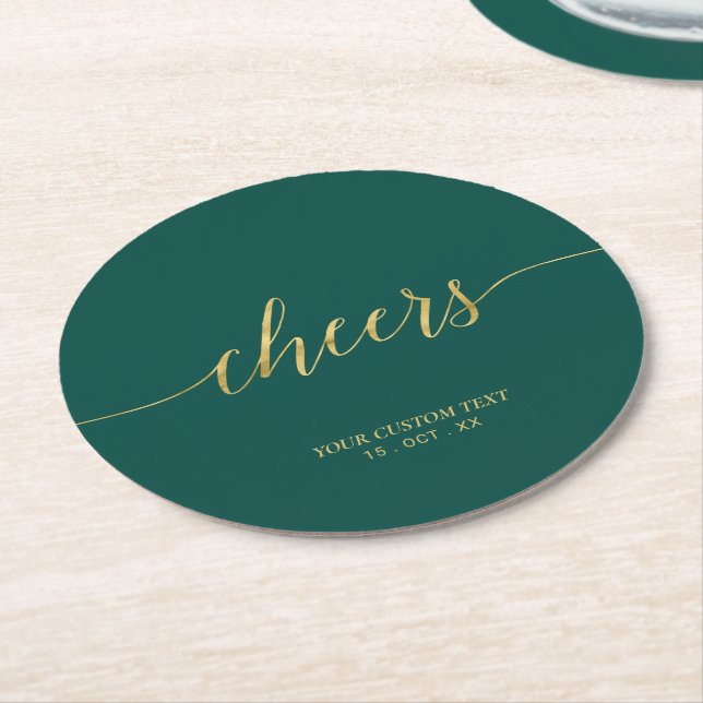 Emerald Green & Gold Modern Lettering Cheers Party Round Paper Coaster (Angled)