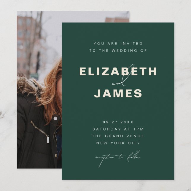 Emerald Green & Gold Modern Minimalist Wedding Invitation (Front/Back)