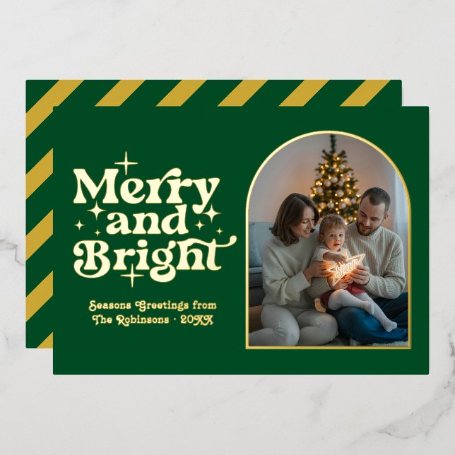 Emerald Green & Gold Modern Retro Christmas Photo Foil Holiday Card (Front/Back)