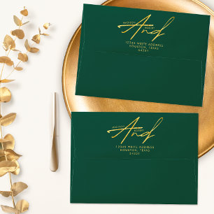 Emerald Green Gold Modern Typography Wedding Envelope