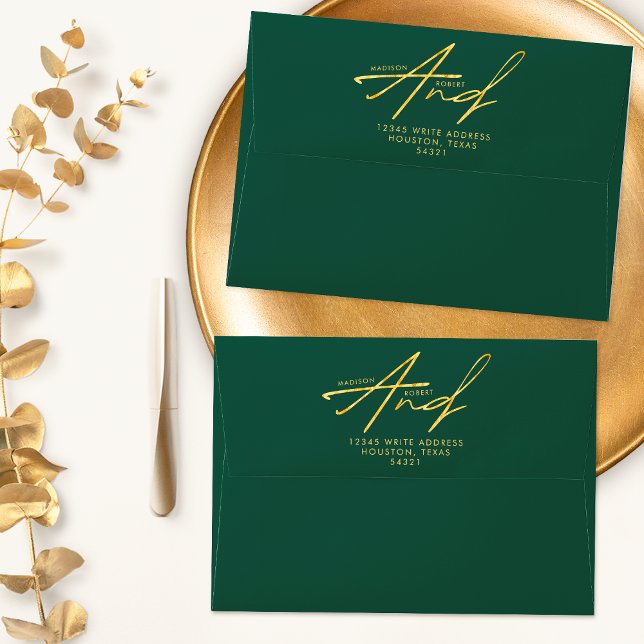 Emerald Green Gold Modern Typography Wedding Envelope (Creator Uploaded)