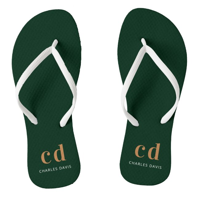 Emerald green gold monogram initials name flip flops (Footbed)