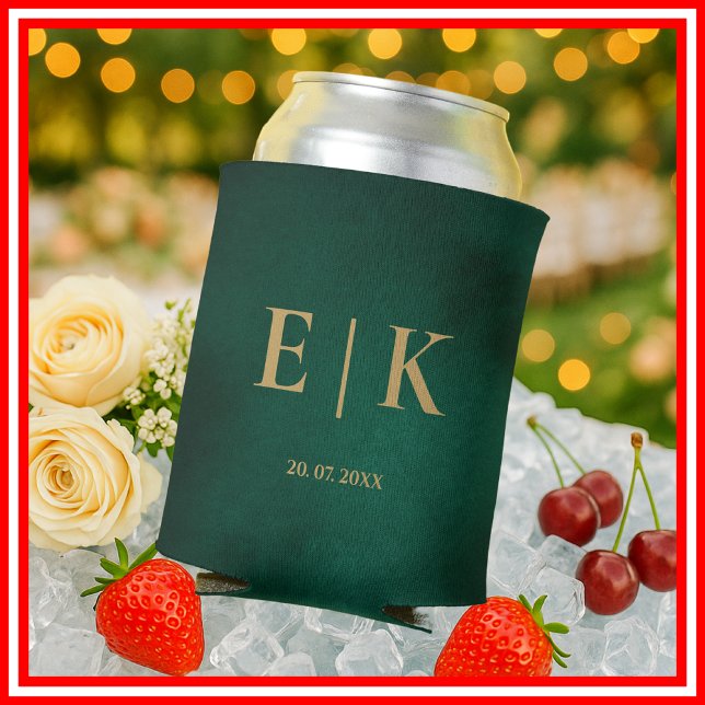 Emerald Green & Gold Monogram Wedding Can Cooler (Creator Uploaded)