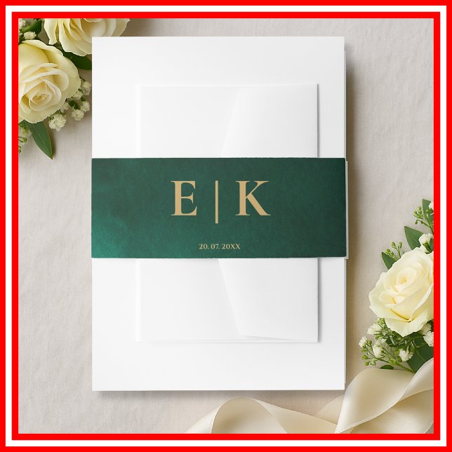 Emerald Green & Gold Monogram Wedding Invitation Belly Band (Creator Uploaded)