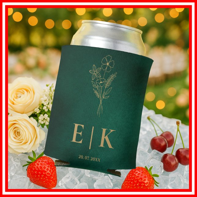 Emerald Green & Gold Monogram Wildflower Wedding Can Cooler (Creator Uploaded)